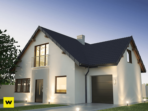 Modernes Einfamilienhaus mit Garage und Garten bei Sonnenuntergang, Immobilienangebot